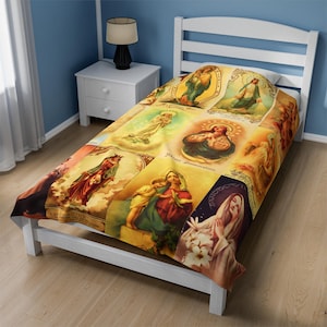 Coperta della Vergine Maria Tinta Giallo Pallido Antico Santissimi Santi Peluche Accogliente Mamma Regalo Cattolico Pastore Nonna Volto di Gesù Cimelio di Famiglia