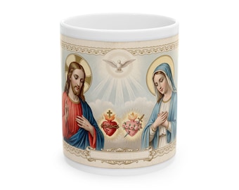 Jesu heliga hjärta och Maria katolsk mugg, andaktskaffekopp, present till katolsk mamma, präst eller konfirmation
