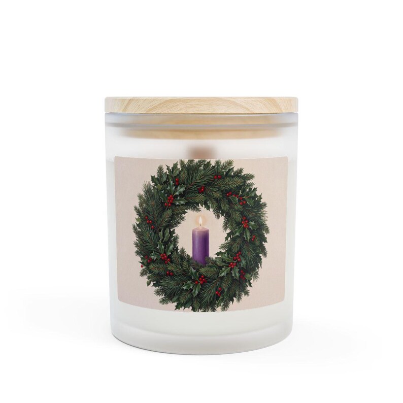 Close view of First Sunday of Advent frosted glass candle