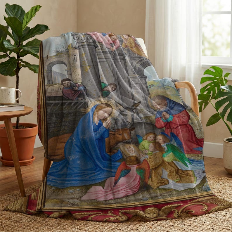 Nativity plush blanket draped over a chair beside a window