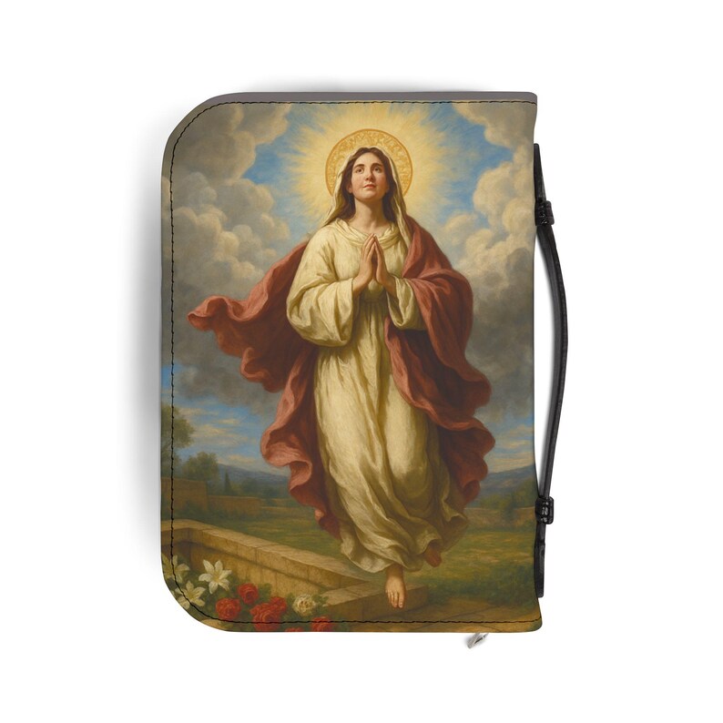 Assumption of Mary Bible Cover, Catholic Gift for Mom or Confirmation, Marian PU Leather Zip Bible Case image 3