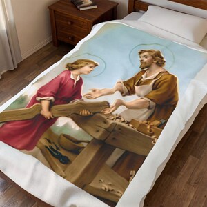 Saint Joseph and Child Jesus Catholic Blanket, Holy Family Devotional Throw, Catholic Dad Gift image 5
