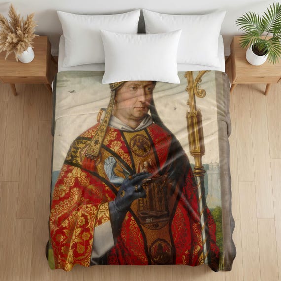 St. Nicholas Bishop of Myra Velveteen Blanket, Devotional Throw for Catholic Home