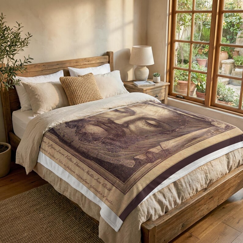 Holy Face plush blanket spread over a wooden bed beside a sunlit garden window