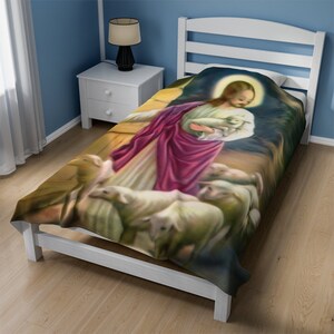 Jesús, Buen Pastor, Tarjeta sagrada antigua (EE. UU.), Manta de felpa, Acogedora pana, Papá, Mamá, Sacerdote, Pastor, Regalo católico cristiano