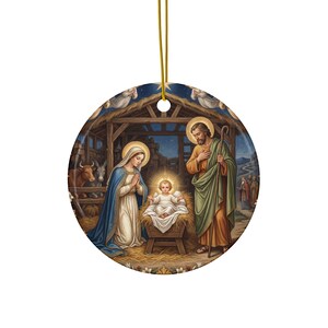 Ceramic Nativity Ornament, Catholic Christmas Keepsake Gift for Grandparent Godparent Teacher, Two-Sided Holy Family image 1