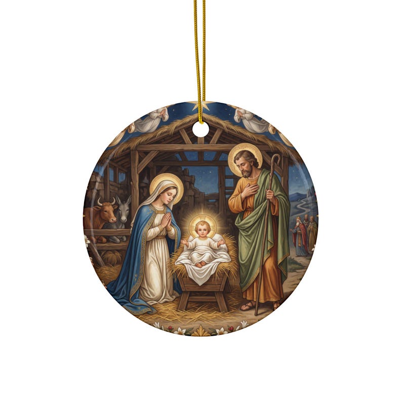 Ceramic Nativity Ornament, Catholic Christmas Keepsake Gift for Grandparent Godparent Teacher, Two-Sided Holy Family image 1