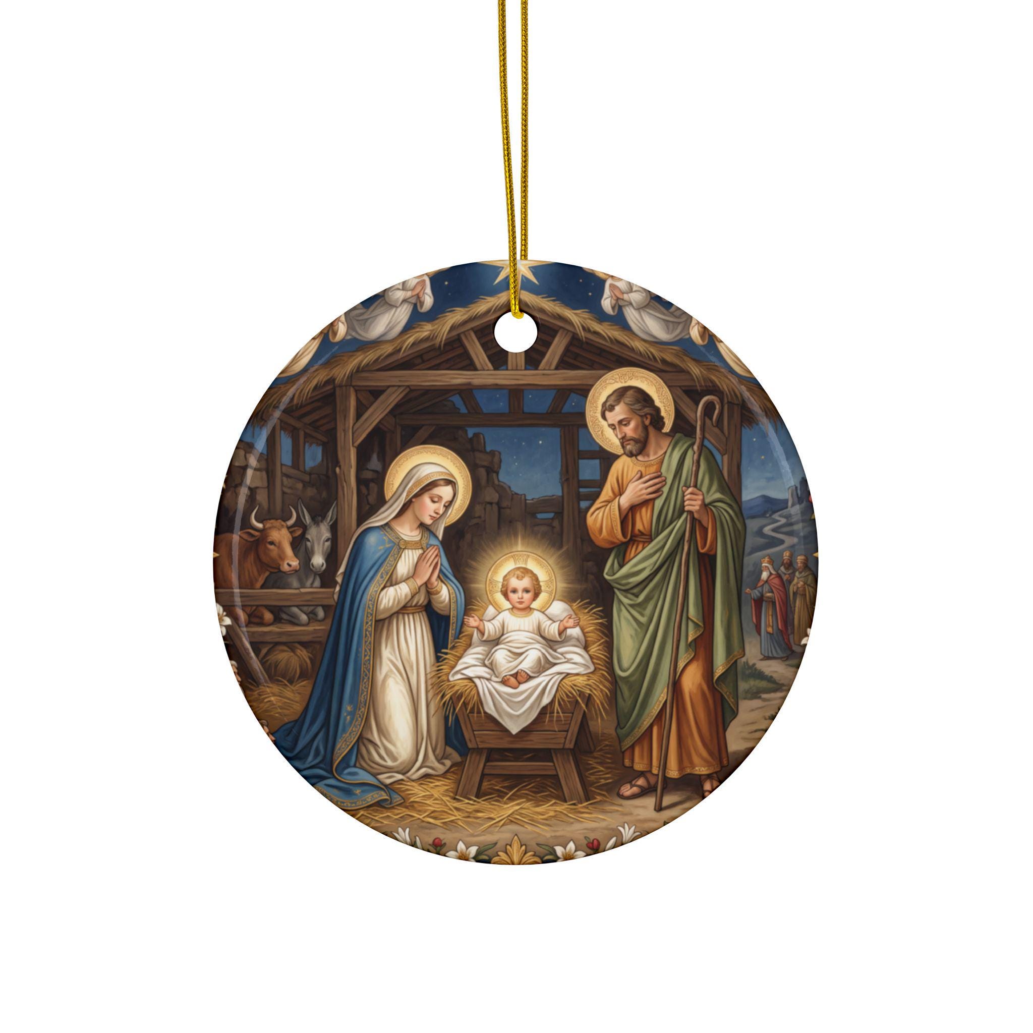 Ceramic Nativity Ornament, Catholic Christmas Keepsake Gift for Grandparent Godparent Teacher, Two-Sided Holy Family