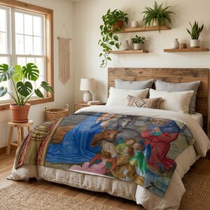 Nativity plush blanket spread over a bed beneath shelves of houseplants