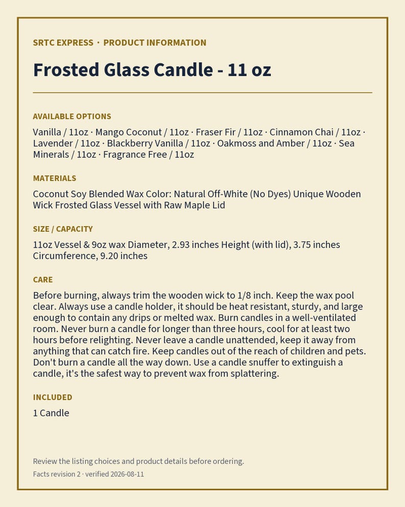 Product details card for the First Sunday of Advent frosted glass candle