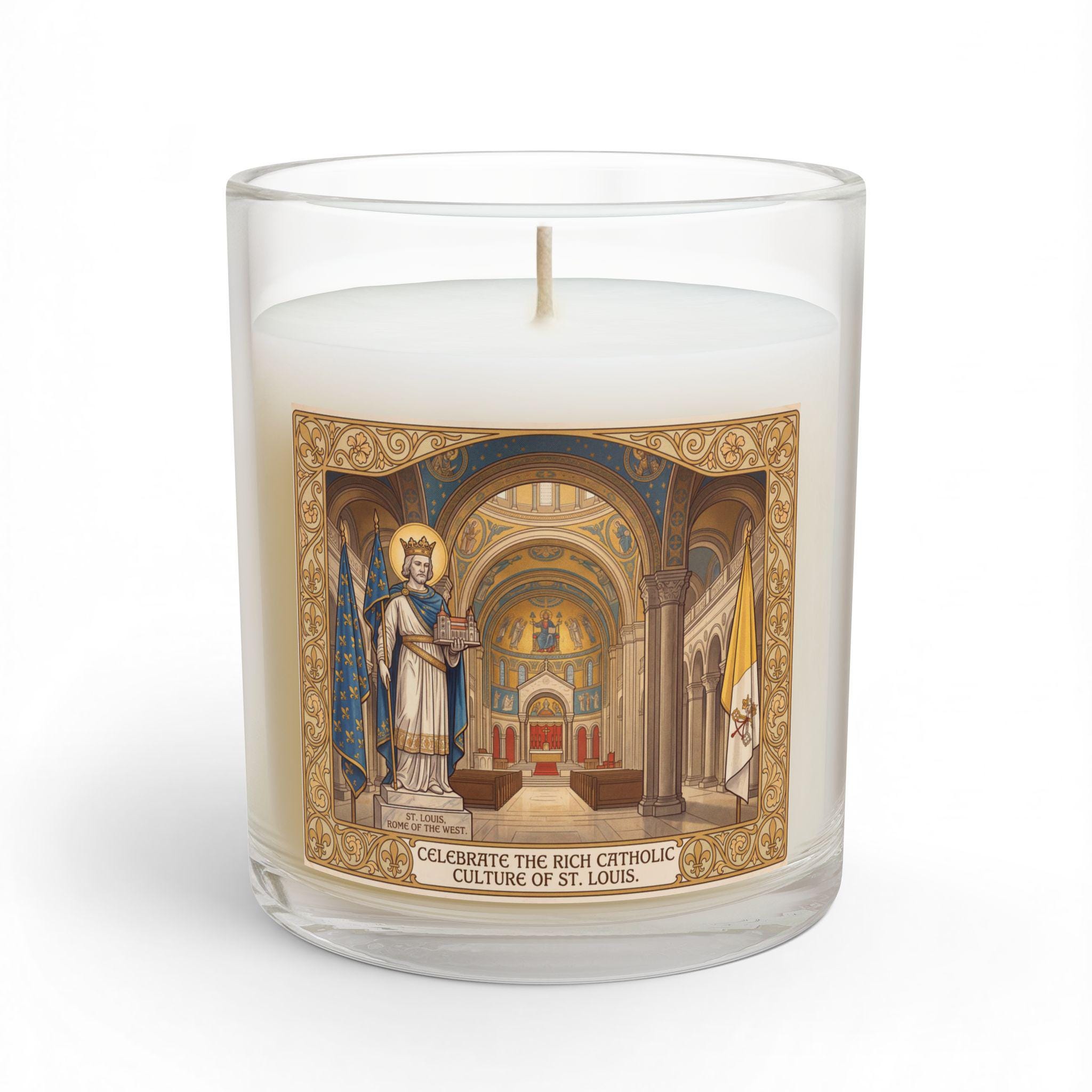 Saint Louis IX Candle, Cathedral Basilica Rome of the West, Catholic St. Louis Gift, 11oz Frosted Glass