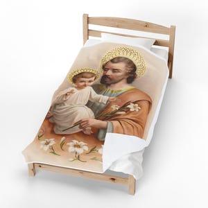Sacred Art St. Joseph Blanket, Catholic Holy Family Velveteen Throw for Prayer or Home image 1