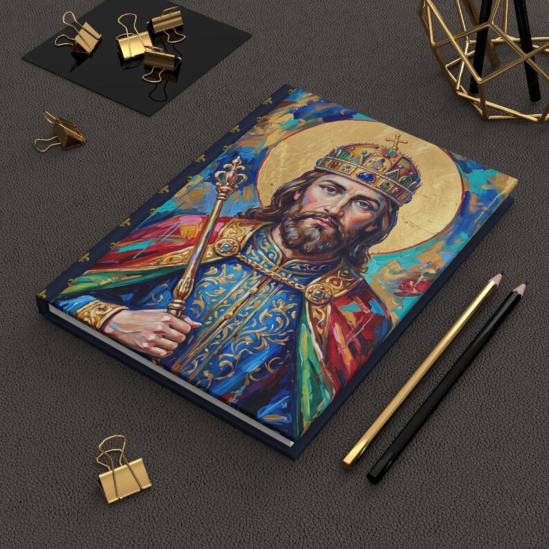 Detail of St. Stephen of Hungary lined journal, with the prayer typeset on the back cover, navy and gold fleur-de-lis spine, harvested