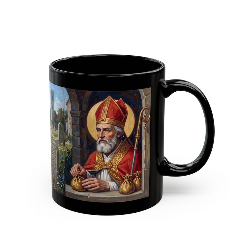 Black mug featuring an illustration of St. Nicholas wearing red robes, a red and gold bishop's mitre, and holding a golden staff, with a halo behind his head and a cathedral interior in the background