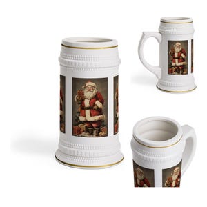 Old Fashioned Santa Claus Stein Mug, St. Nick Christmas Gift for Dad Mom Grandpa Grandma, Gold Trim Holiday Beer Mug image 1