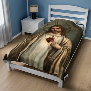 Sagrado Corazón de Jesús Tarjeta Sagrada Antigua (EE.UU.) Manta de felpa Acogedora Pana Papá Mamá Sacerdote Pastor Regalo Católico Cristiano