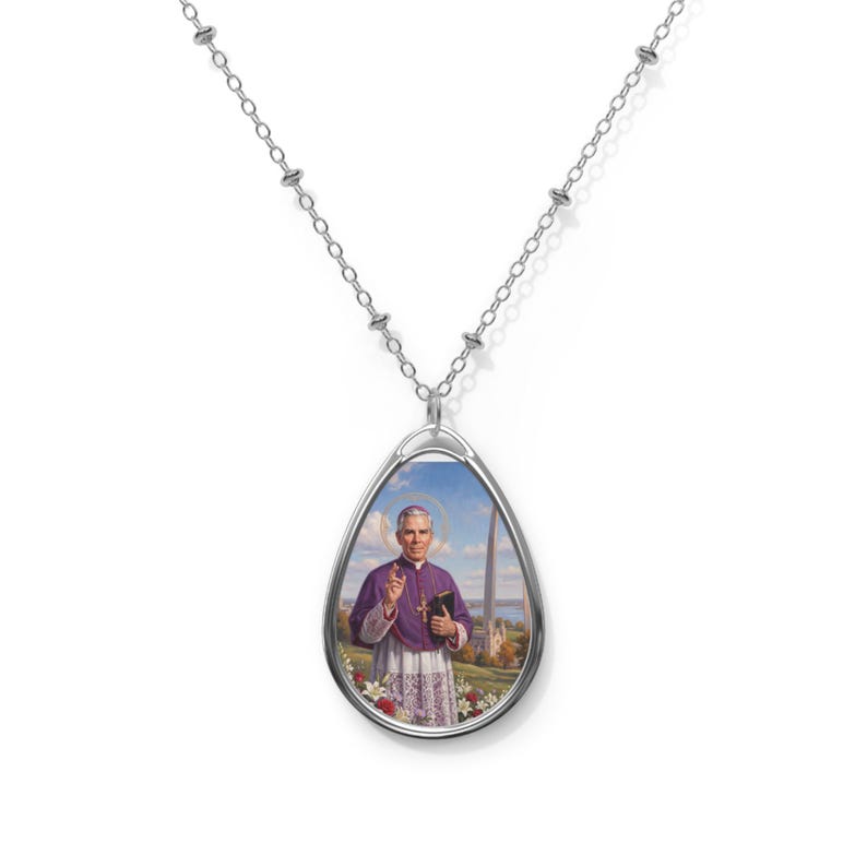 Blessed Fulton Sheen Oval Necklace, Catholic Jewelry Gift, Pendant for Women or Men image 1