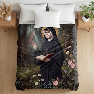 Saint Faustina Kowalska Velveteen Blanket, Catholic Devotional Throw for Prayer