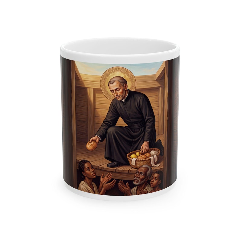Witte keramische mok, katholiek geschenk met afbeelding van Sint Peter Claver, jezuïetenpatroonbeker afbeelding 1