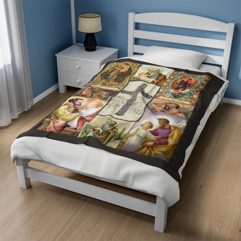 St. Joseph Antique Holy Card Velveteen Plush Blanket | Catholic Devotional Throw image 4