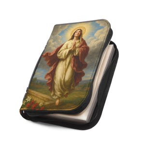 Assumption of Mary Bible Cover, Catholic Gift for Mom or Confirmation, Marian PU Leather Zip Bible Case image 10