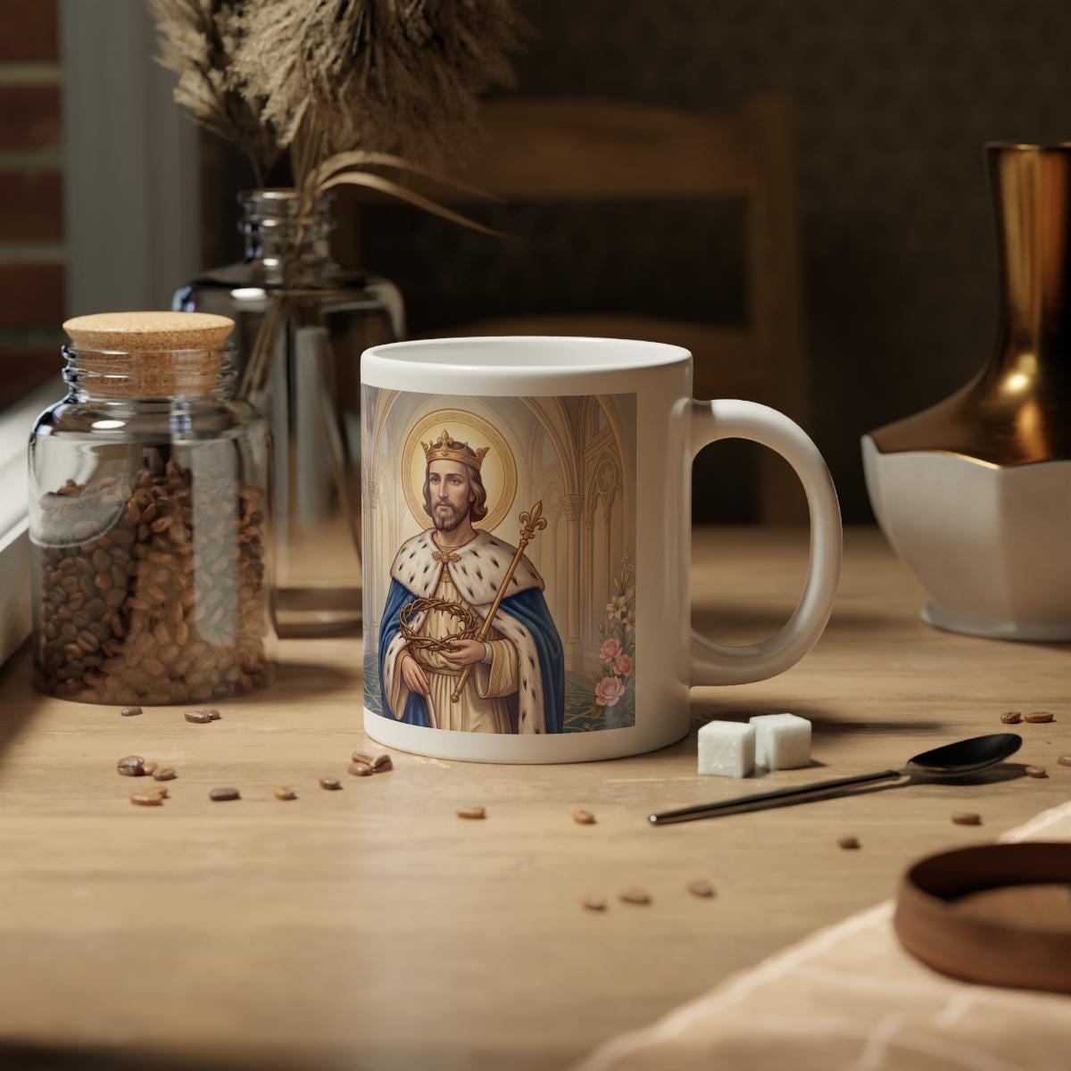 Saint Louis Jumbo Mug, King Louis IX Catholic Coffee Cup, Traditional Sacred Art