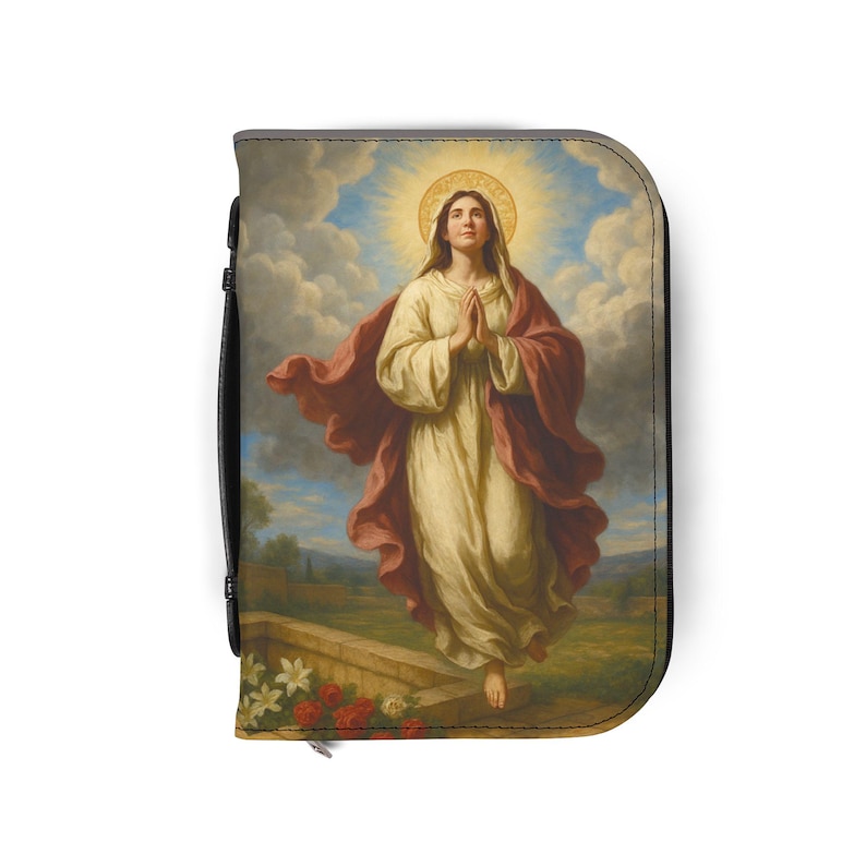 Assumption of Mary Bible Cover, Catholic Gift for Mom or Confirmation, Marian PU Leather Zip Bible Case image 6