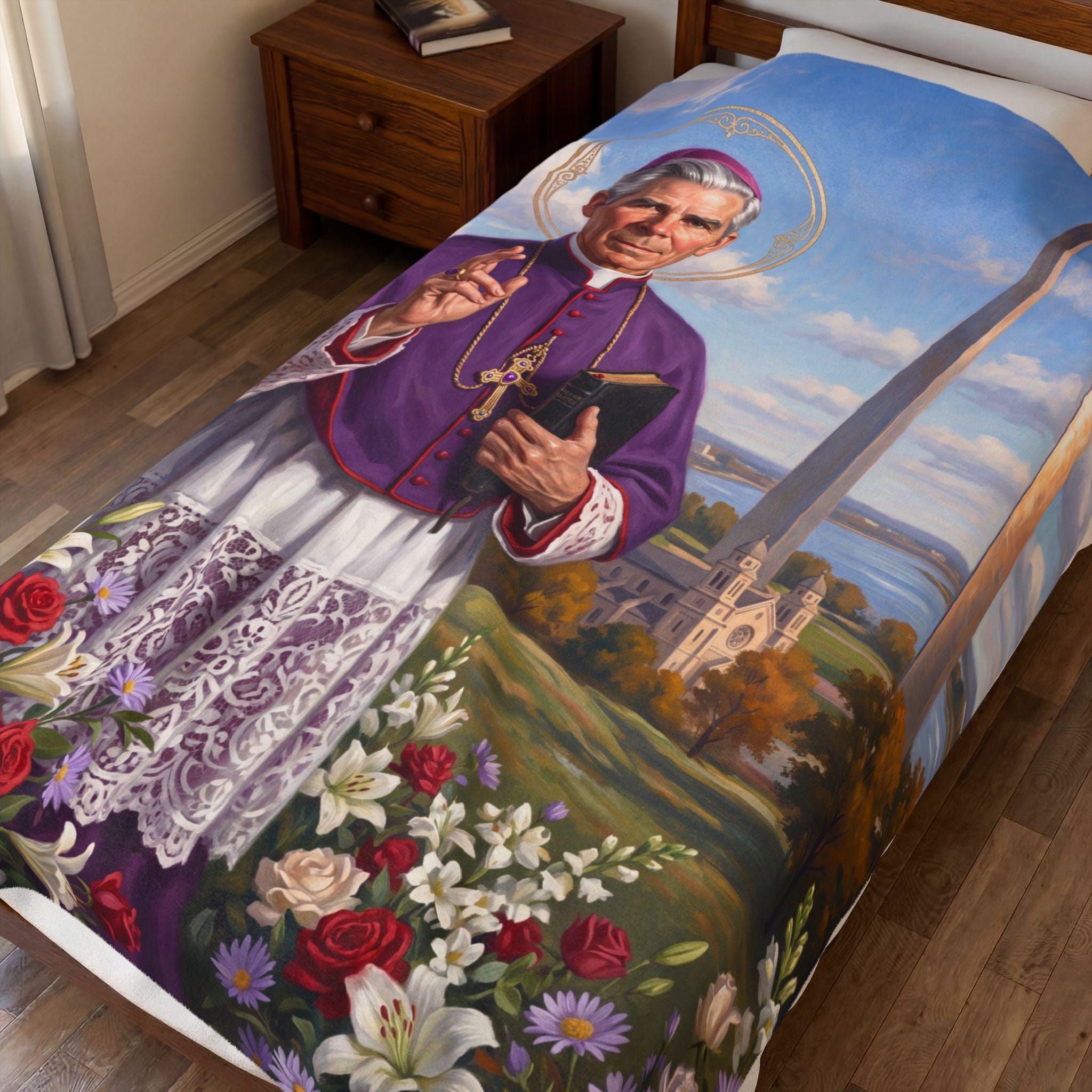 Blessed Fulton Sheen Velveteen Blanket, Soft Catholic Throw, Gift for Prayer Corner or Home