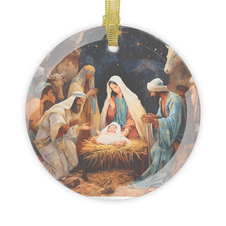 Adorno de cristal con escena de la Natividad, regalo navideño católico, adorno para árbol de Navidad de la Sagrada Familia (Jesús, María y José). imagen 2