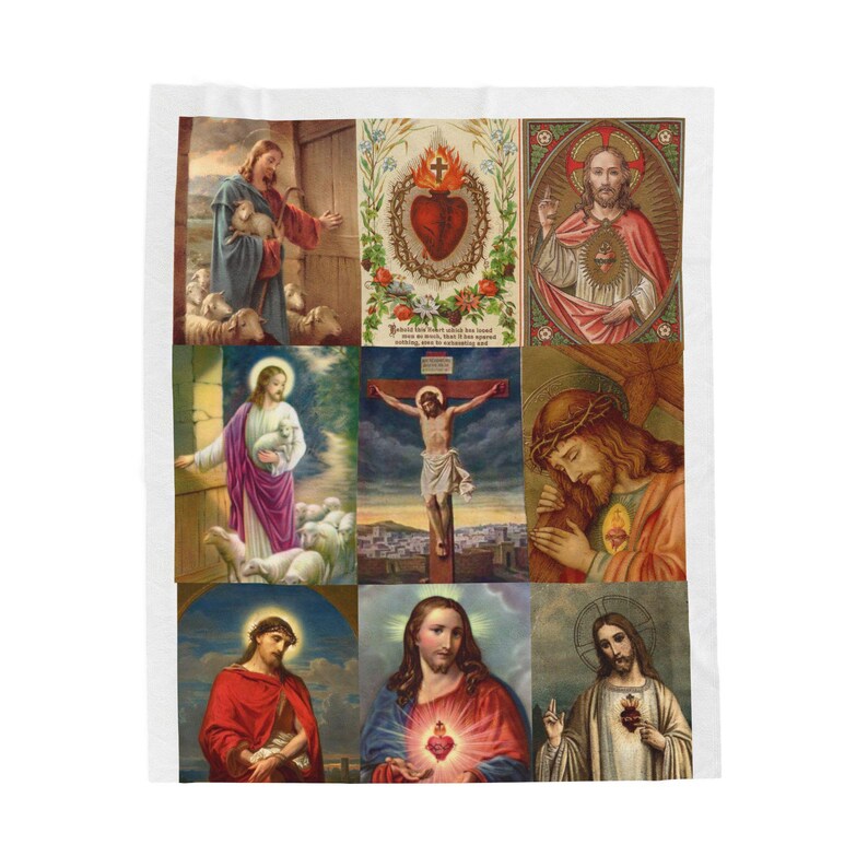 Sacred Heart of Jesus Blanket, Catholic Devotional Throw, Marian Collage Plush Blanket Gift image 5
