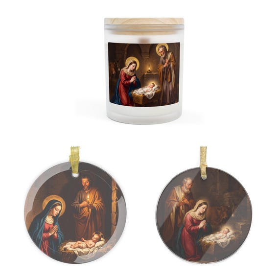 Catholic Christmas Gift Sets for Parish Staff, Nativity Candle and Ornament Set, Holy Family Gift Pack for Church Staff