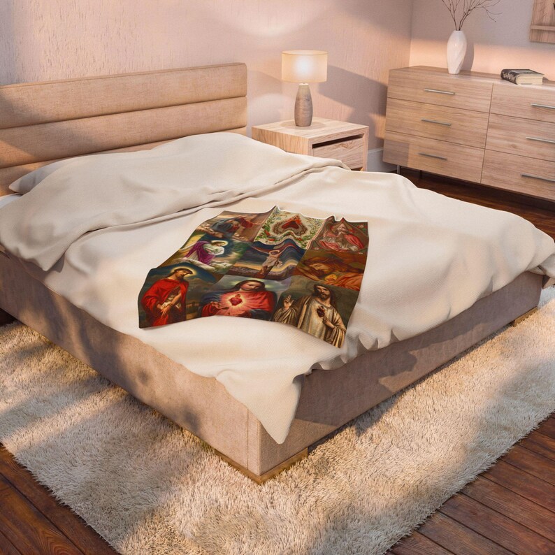 Sacred Heart of Jesus Blanket, Catholic Devotional Throw, Marian Collage Plush Blanket Gift image 4