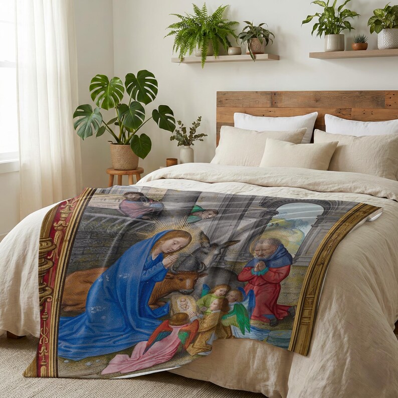 Nativity plush blanket spread across the foot of a bed with a wooden headboard