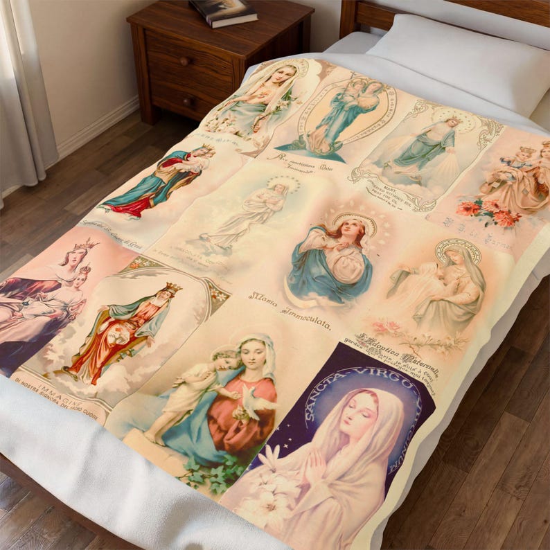Virgin Mary Blanket, Vintage Madonna Collage Throw, Marian Catholic Gift for Mom, Prayer Blanket image 3