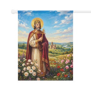 Bandera de jardín de San Esteban de Hungría, estandarte del santo patrón católico húngaro, decoración tradicional católica para exteriores. imagen 7