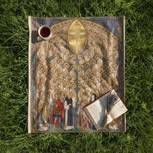 All Saints plush blanket laid on the grass with a cup of tea and an open book