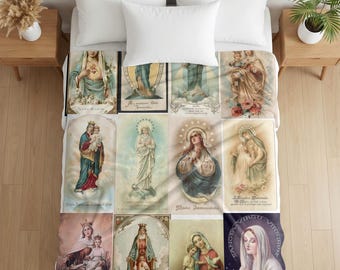 Vintage Madonna Collage Blanket, Catholic Gift for Mom, Marian Devotional Throw for Home Altar