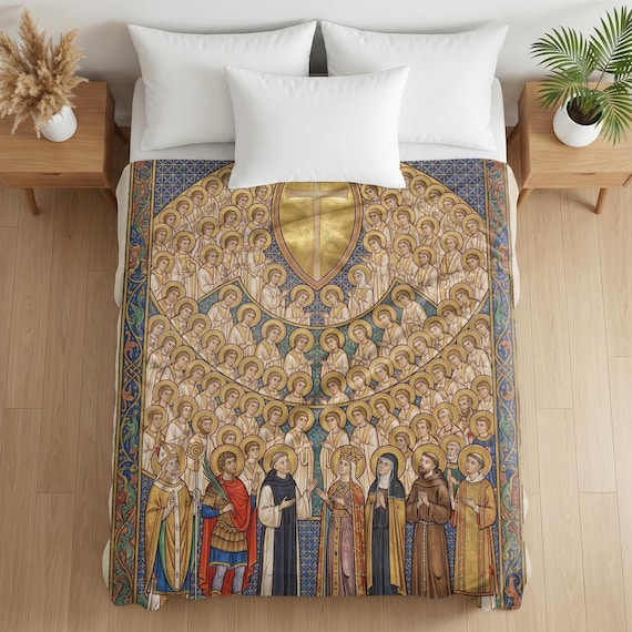 All Saints Catholic Throw Blanket, Soft Velveteen Gift for Catholic Home, Prayer Blanket