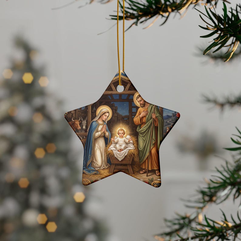 Ceramic Nativity Ornament, Catholic Christmas Keepsake Gift for Grandparent Godparent Teacher, Two-Sided Holy Family image 9