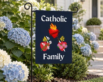 Three Sacred Hearts Catholic Garden Flag, Devotional Outdoor Banner, Faith Evangelization Yard Flag for Catholic Home
