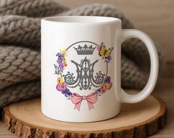 Auspices of Mary Catholic Mug, Hail Mary Latin Ceramic Coffee Cup, Marian Devotional Gift for Catholic Mom