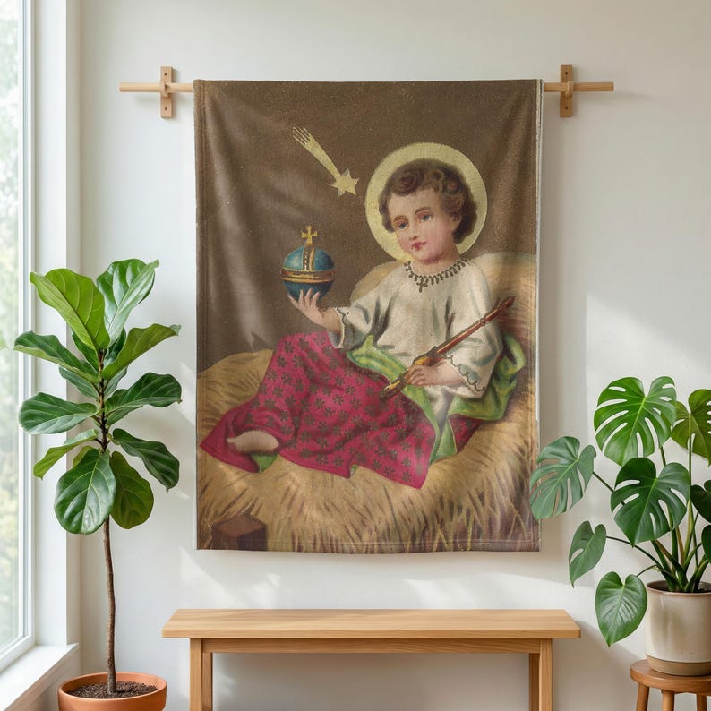 Christmas plush blanket hung on a wall from a wooden rod above a bench, between potted plants