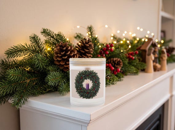 Advent Wreath Frosted Glass Candle, First Sunday of Advent, Catholic Seasonal Decor