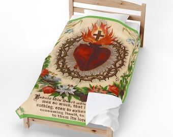 Sacred Heart Illustration Velveteen Plush Blanket | Antique Holy Card Design | Religious Devotional Design