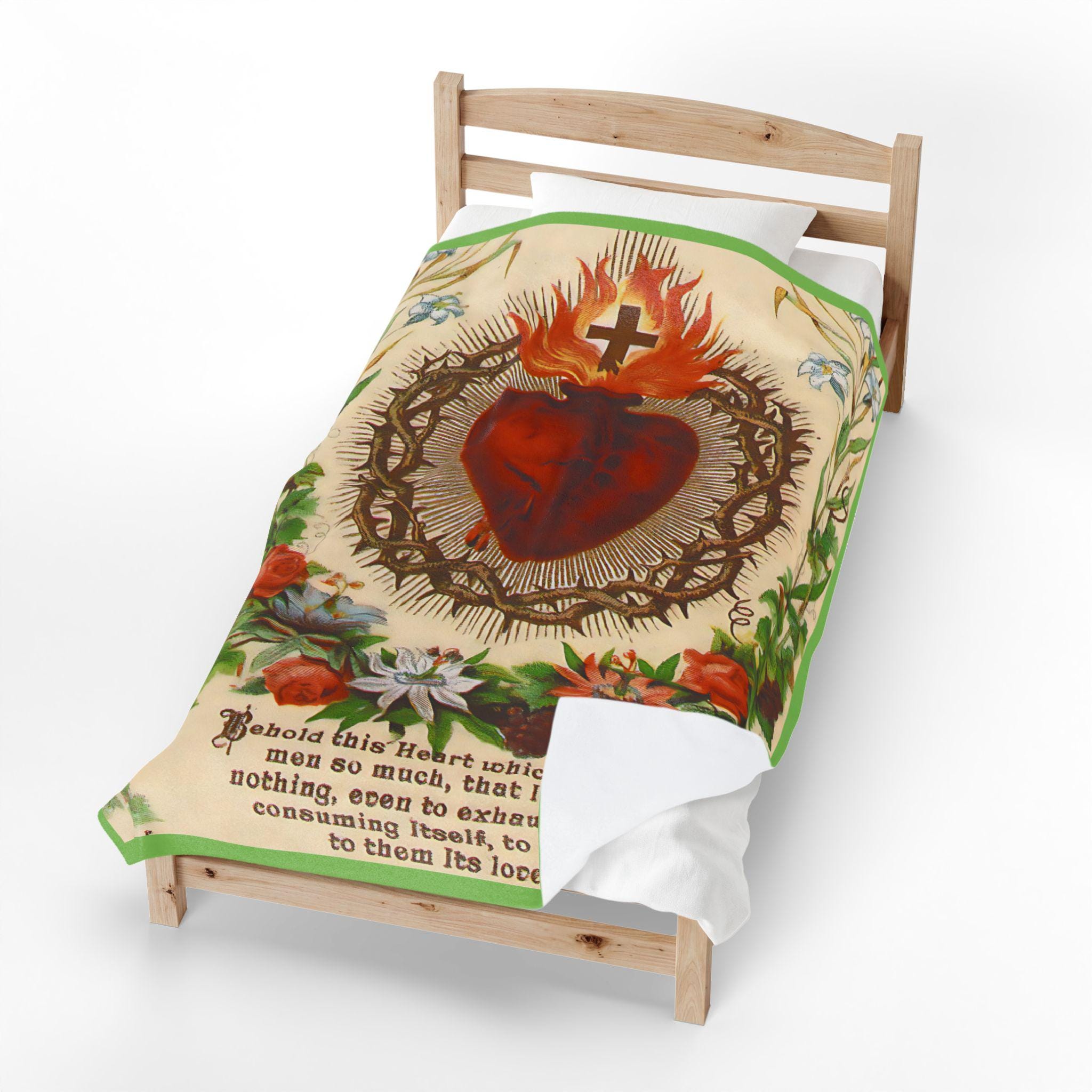 Sacred Heart Illustration Velveteen Plush Blanket | Antique Holy Card Design | Religious Devotional Design