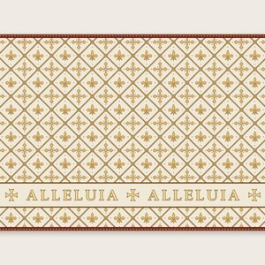 Puede incluir: Un estampado rectangular con fondo color crema y un patrón de rombos repetido. Cada rombo contiene una flor de lis dorada o una cruz dorada. Una banda horizontal en la parte inferior muestra el texto "ALLELUIA" con cruces doradas.