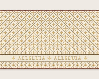 Puede incluir: Un estampado rectangular con fondo color crema y un patrón de rombos repetido. Cada rombo contiene una flor de lis dorada o una cruz dorada. Una banda horizontal en la parte inferior muestra el texto "ALLELUIA" con cruces doradas.