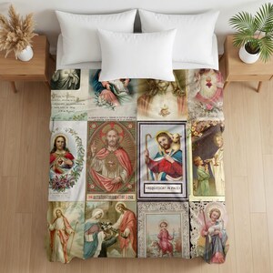 Sacred Heart Holy Card Collage Blanket, Plush Velveteen Throw, Catholic Devotional Gift