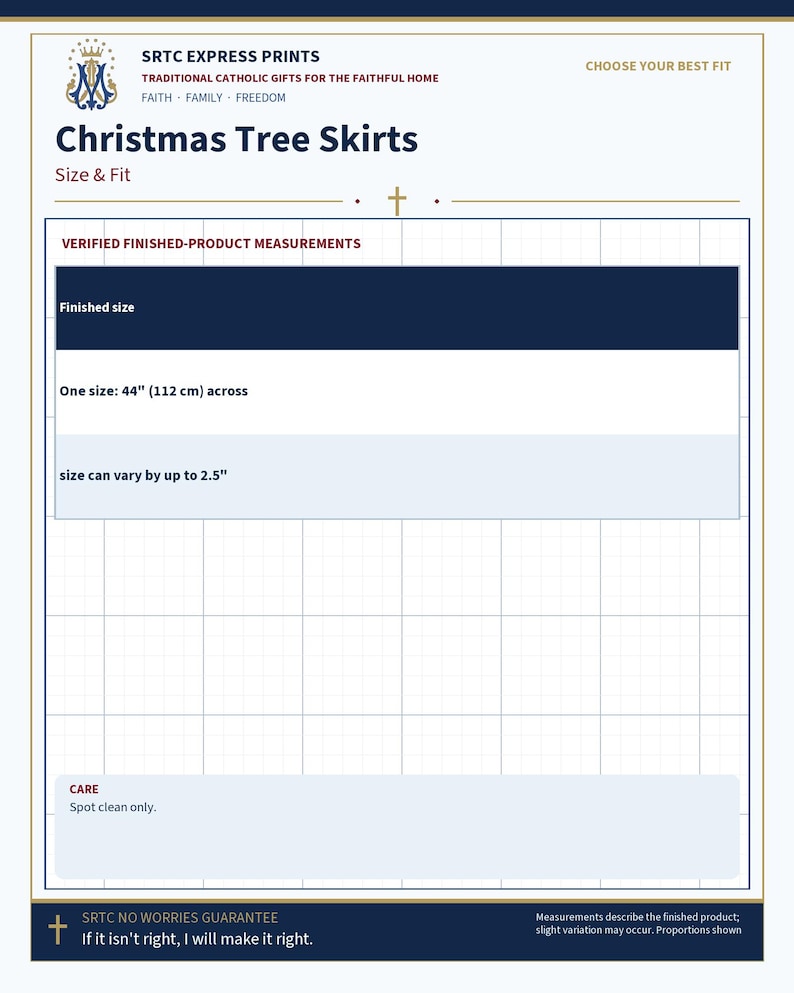 Size and fit chart for the Christmas Catholic gift