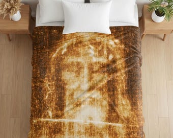 Holy Face Throw Blanket, Shroud of Turin Catholic Gift, Soft Velveteen Prayer Blanket for Home or Bedroom